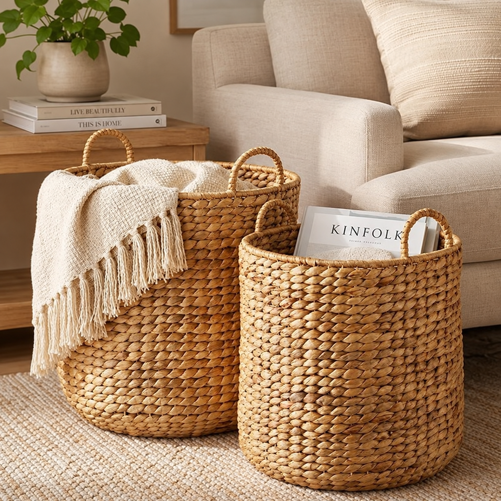 2-Piece Natural Water Hyacinth Wicker Storage Baskets for Laundry, Blankets & Home Decor