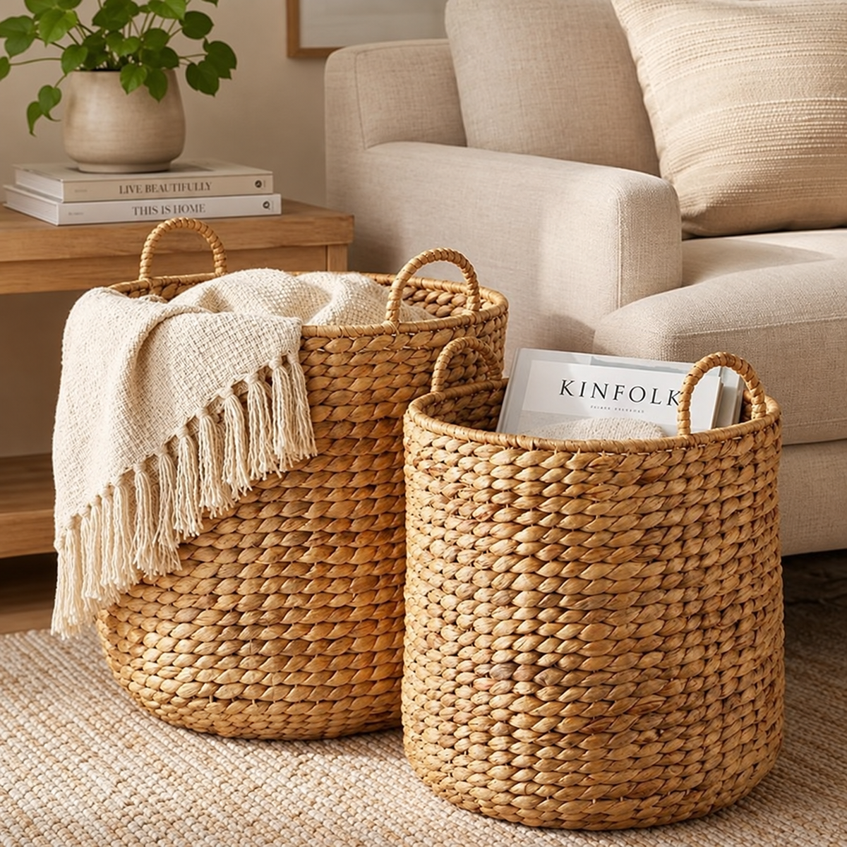 2-Piece Natural Water Hyacinth Wicker Storage Baskets for Laundry, Blankets & Home Decor