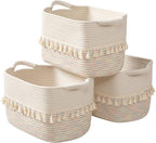 Set of 3 White & Jute Woven Cotton Rope Storage Baskets