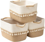 Set of 3 White & Jute Woven Cotton Rope Storage Baskets