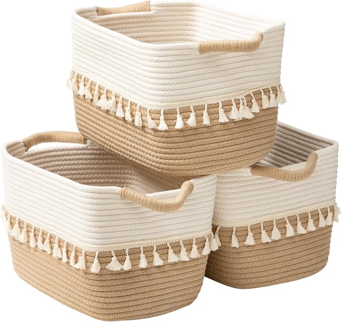 Set of 3 White & Jute Woven Cotton Rope Storage Baskets