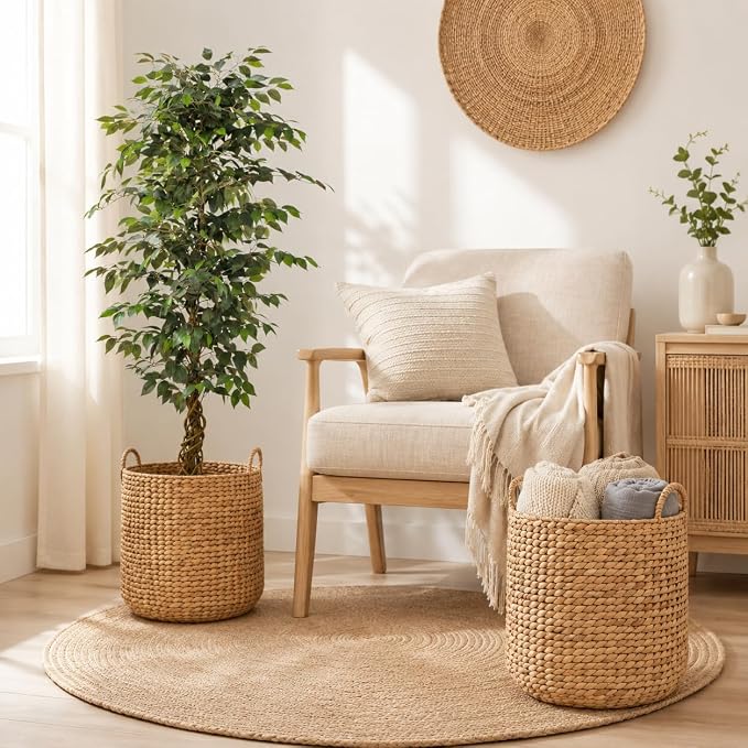 2-Piece Natural Water Hyacinth Wicker Storage Baskets for Laundry, Blankets & Home Decor