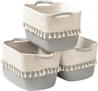 Set of 3 White & Jute Woven Cotton Rope Storage Baskets