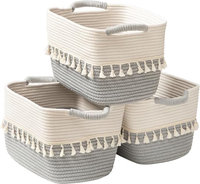 Set of 3 White & Jute Woven Cotton Rope Storage Baskets