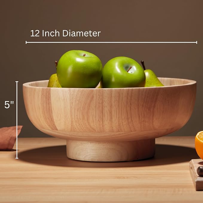 12-Inch Natural Wooden Fruit Bowl for Kitchen Counter, Large Decorative Wood Bowl for Modern, Rustic & Farmhouse Decor