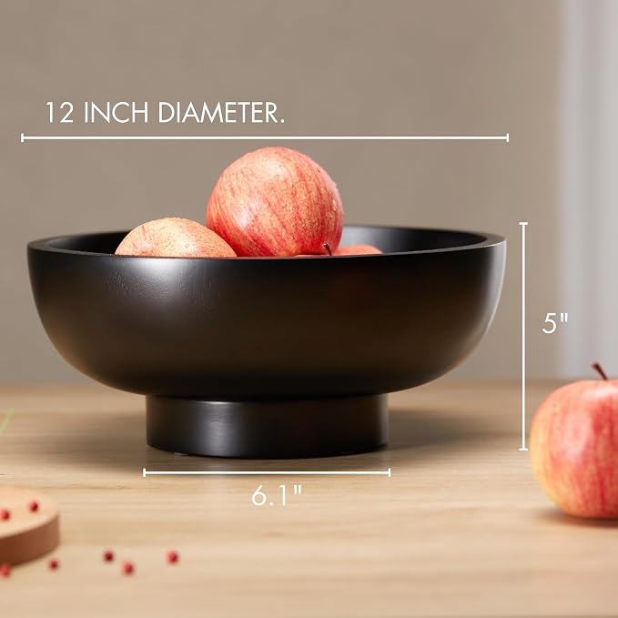 12-Inch Natural Wooden Fruit Bowl for Kitchen Counter, Large Decorative Wood Bowl for Modern, Rustic & Farmhouse Decor