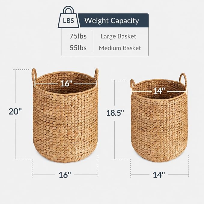 2-Piece Natural Water Hyacinth Wicker Storage Baskets for Laundry, Blankets & Home Decor