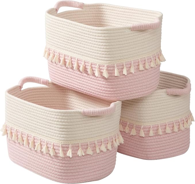 Set of 3 White & Jute Woven Cotton Rope Storage Baskets