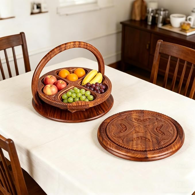 Handmade 12-Inch Foldable Wooden Fruit Basket, Collapsible Walnut Wood Fruit Bowl with Handle for Kitchen Counter & Food Storage