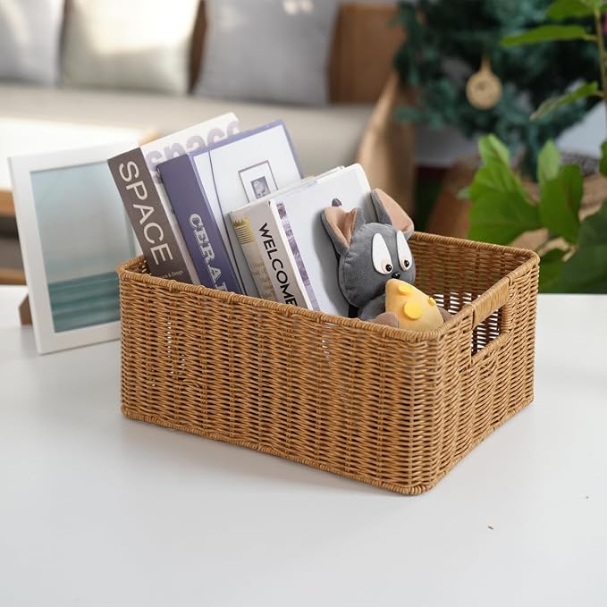 12-Inch Woven Rattan Storage Basket with Built-In Handles