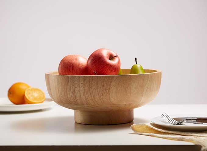 12-Inch Natural Wooden Fruit Bowl for Kitchen Counter, Large Decorative Wood Bowl for Modern, Rustic & Farmhouse Decor