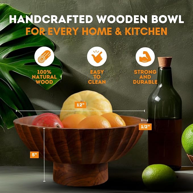 Handcrafted Acacia Wooden Footed Bowl, Decorative Fruit Serving Bowl for Dining Table, Kitchen Counter & Home Decor