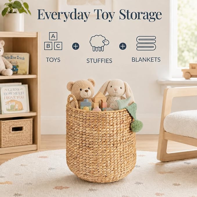 2-Piece Natural Water Hyacinth Wicker Storage Baskets for Laundry, Blankets & Home Decor