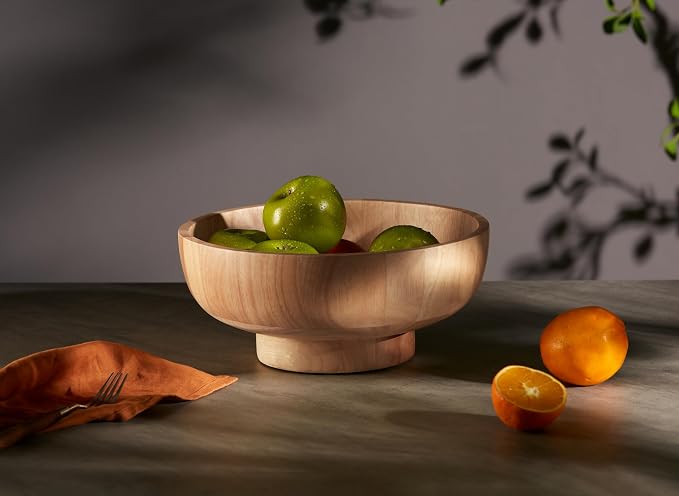 12-Inch Natural Wooden Fruit Bowl for Kitchen Counter, Large Decorative Wood Bowl for Modern, Rustic & Farmhouse Decor