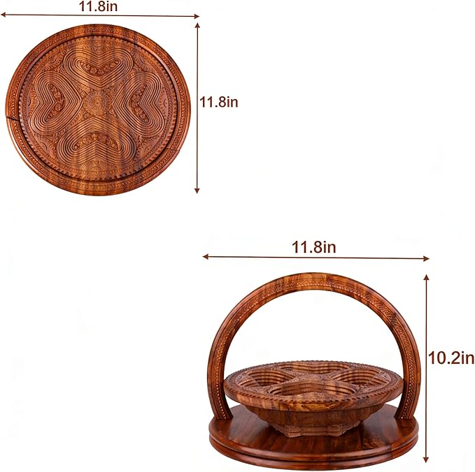 Handmade 12-Inch Foldable Wooden Fruit Basket, Collapsible Walnut Wood Fruit Bowl with Handle for Kitchen Counter & Food Storage