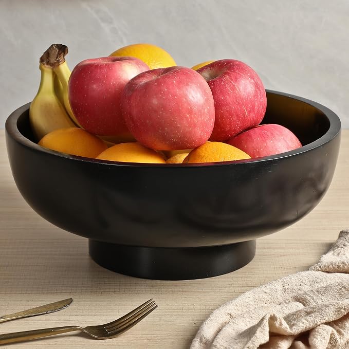 12-Inch Natural Wooden Fruit Bowl for Kitchen Counter, Large Decorative Wood Bowl for Modern, Rustic & Farmhouse Decor