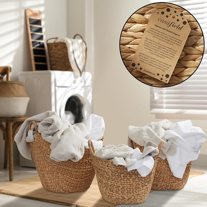 Set of 3 Natural Water Hyacinth Boat Storage Baskets with Handles