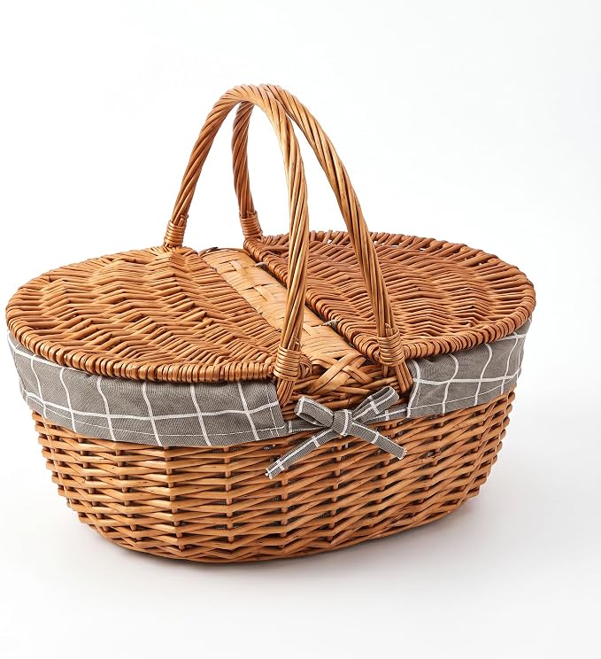 Grey Wicker Picnic Basket with Lid and Double Handles for Outdoor Camping, Beach Trips & Home Storage