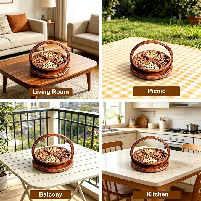 Handmade 12-Inch Foldable Wooden Fruit Basket, Collapsible Walnut Wood Fruit Bowl with Handle for Kitchen Counter & Food Storage