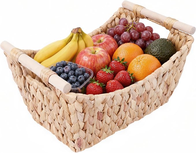 Large Water Hyacinth Wicker Fruit Basket with Wooden Handles, Natural Handwoven Storage Basket for Kitchen, Pantry & Shelves