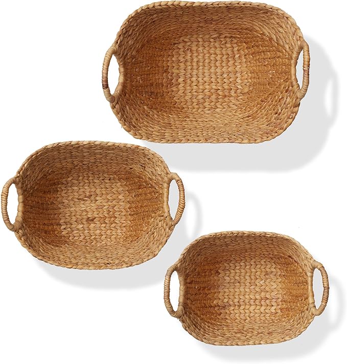 Set of 3 Natural Water Hyacinth Boat Storage Baskets with Handles