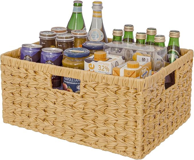 Extra Large Woven Plastic Wicker Storage Basket with 3 Handles