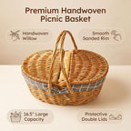 Grey Wicker Picnic Basket with Lid and Double Handles for Outdoor Camping, Beach Trips & Home Storage