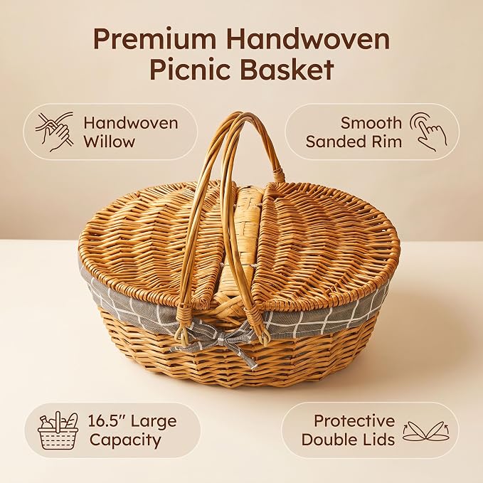 Grey Wicker Picnic Basket with Lid and Double Handles for Outdoor Camping, Beach Trips & Home Storage