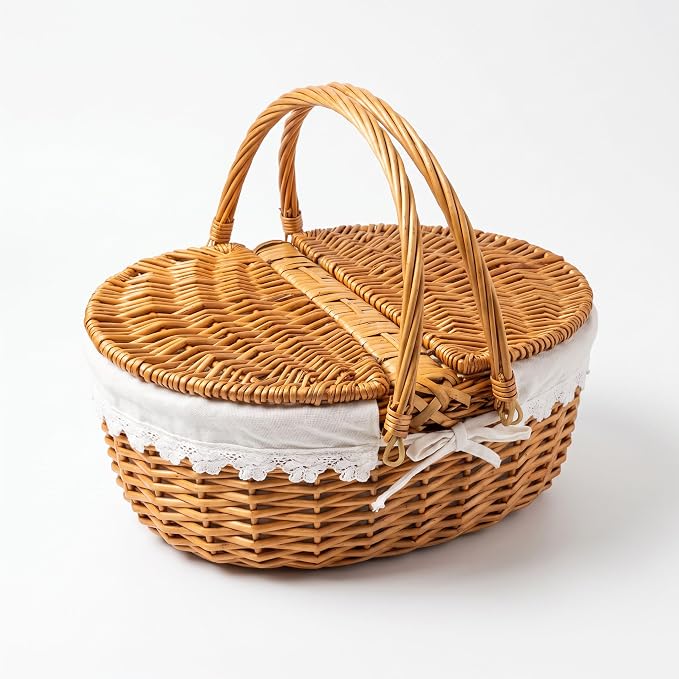 Grey Wicker Picnic Basket with Lid and Double Handles for Outdoor Camping, Beach Trips & Home Storage