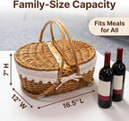 Grey Wicker Picnic Basket with Lid and Double Handles for Outdoor Camping, Beach Trips & Home Storage