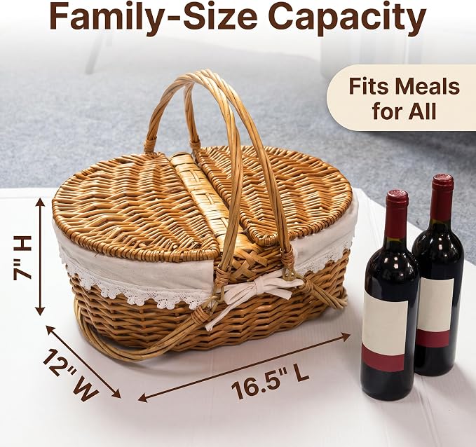 Grey Wicker Picnic Basket with Lid and Double Handles for Outdoor Camping, Beach Trips & Home Storage