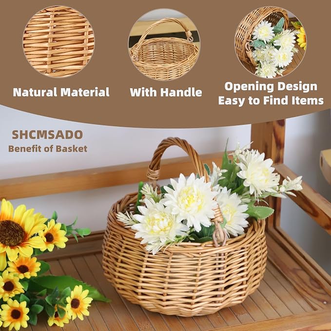 Small Natural Willow Wicker Picnic Basket with Handle, Flower Girl Basket for Weddings, Garden & Home Decor