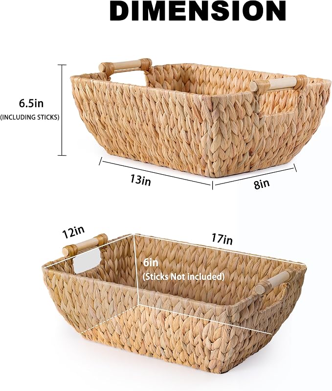 Set of 2 Water Hyacinth Wicker Storage Baskets with Wooden Handles