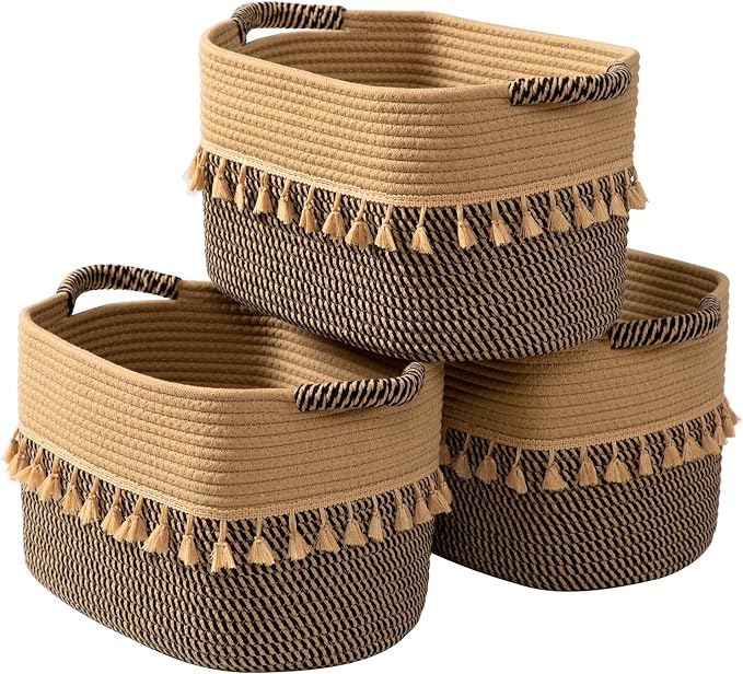 Set of 3 White & Jute Woven Cotton Rope Storage Baskets