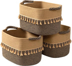 Set of 3 White & Jute Woven Cotton Rope Storage Baskets