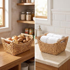 Large Water Hyacinth Wicker Fruit Basket with Wooden Handles, Natural Handwoven Storage Basket for Kitchen, Pantry & Shelves