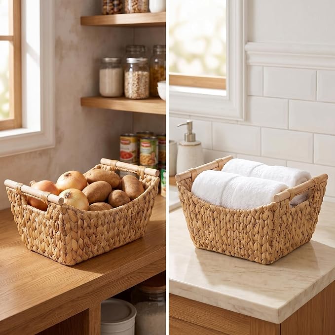 Large Water Hyacinth Wicker Fruit Basket with Wooden Handles, Natural Handwoven Storage Basket for Kitchen, Pantry & Shelves