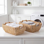 Set of 2 Water Hyacinth Wicker Storage Baskets with Wooden Handles