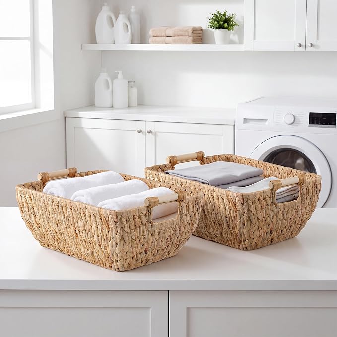 Set of 2 Water Hyacinth Wicker Storage Baskets with Wooden Handles
