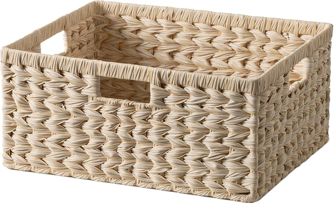 Extra Large Woven Plastic Wicker Storage Basket with 3 Handles