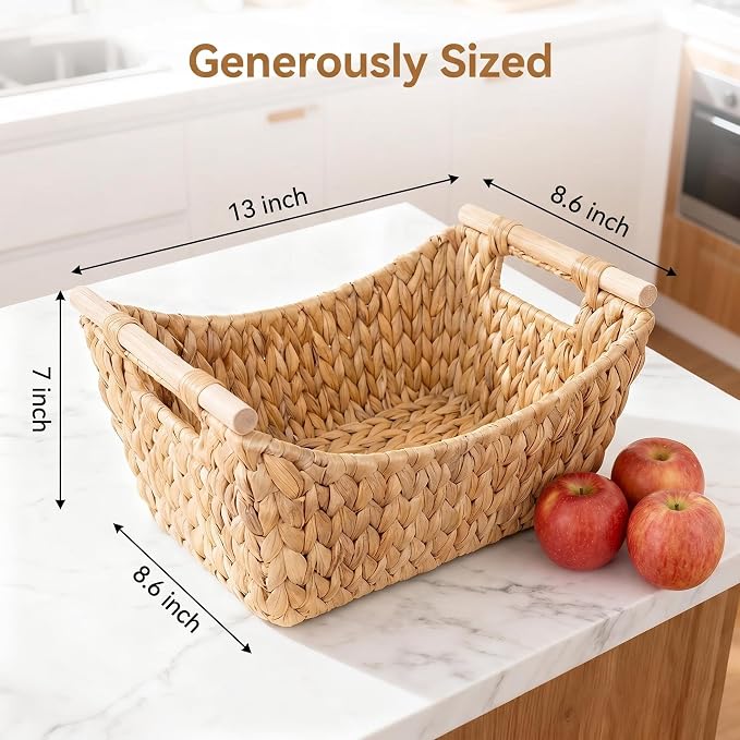 Large Water Hyacinth Wicker Fruit Basket with Wooden Handles, Natural Handwoven Storage Basket for Kitchen, Pantry & Shelves