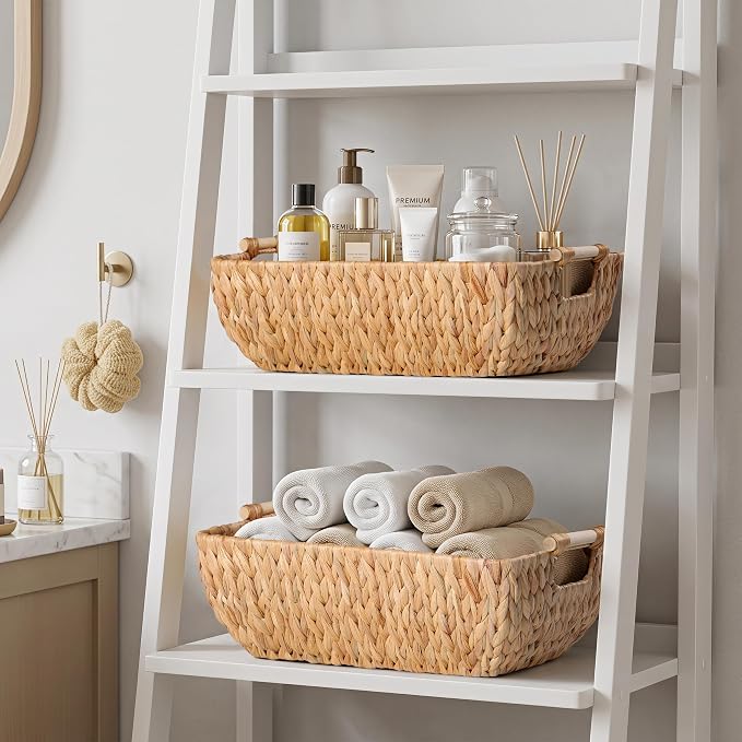 Set of 2 Water Hyacinth Wicker Storage Baskets with Wooden Handles