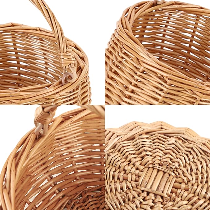 Small Natural Willow Wicker Picnic Basket with Handle, Flower Girl Basket for Weddings, Garden & Home Decor