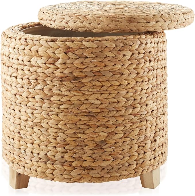 17-Inch Round Water Hyacinth Storage Ottoman with Lid