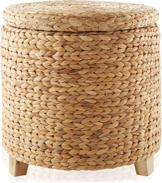 17-Inch Round Water Hyacinth Storage Ottoman with Lid
