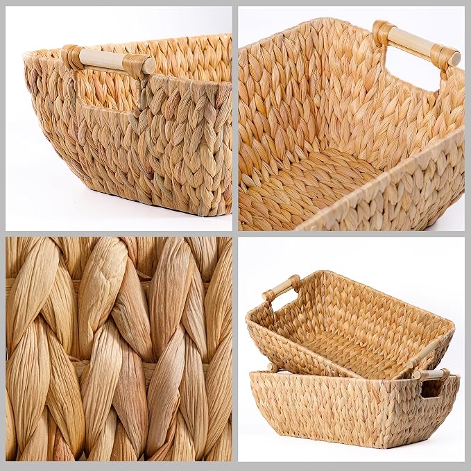 Set of 2 Water Hyacinth Wicker Storage Baskets with Wooden Handles