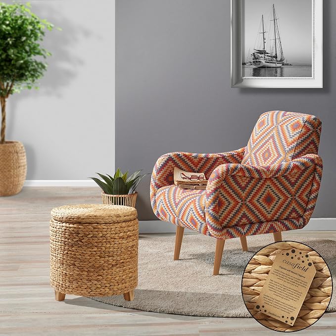 17-Inch Round Water Hyacinth Storage Ottoman with Lid
