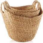 Set of 3 Natural Water Hyacinth Boat Storage Baskets with Handles