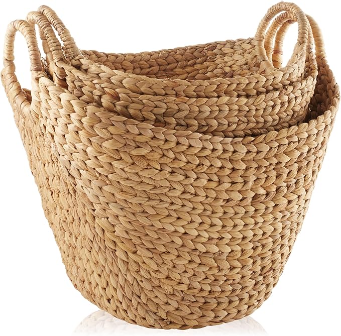 Set of 3 Natural Water Hyacinth Boat Storage Baskets with Handles