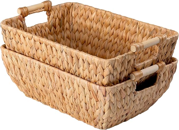 Set of 2 Water Hyacinth Wicker Storage Baskets with Wooden Handles